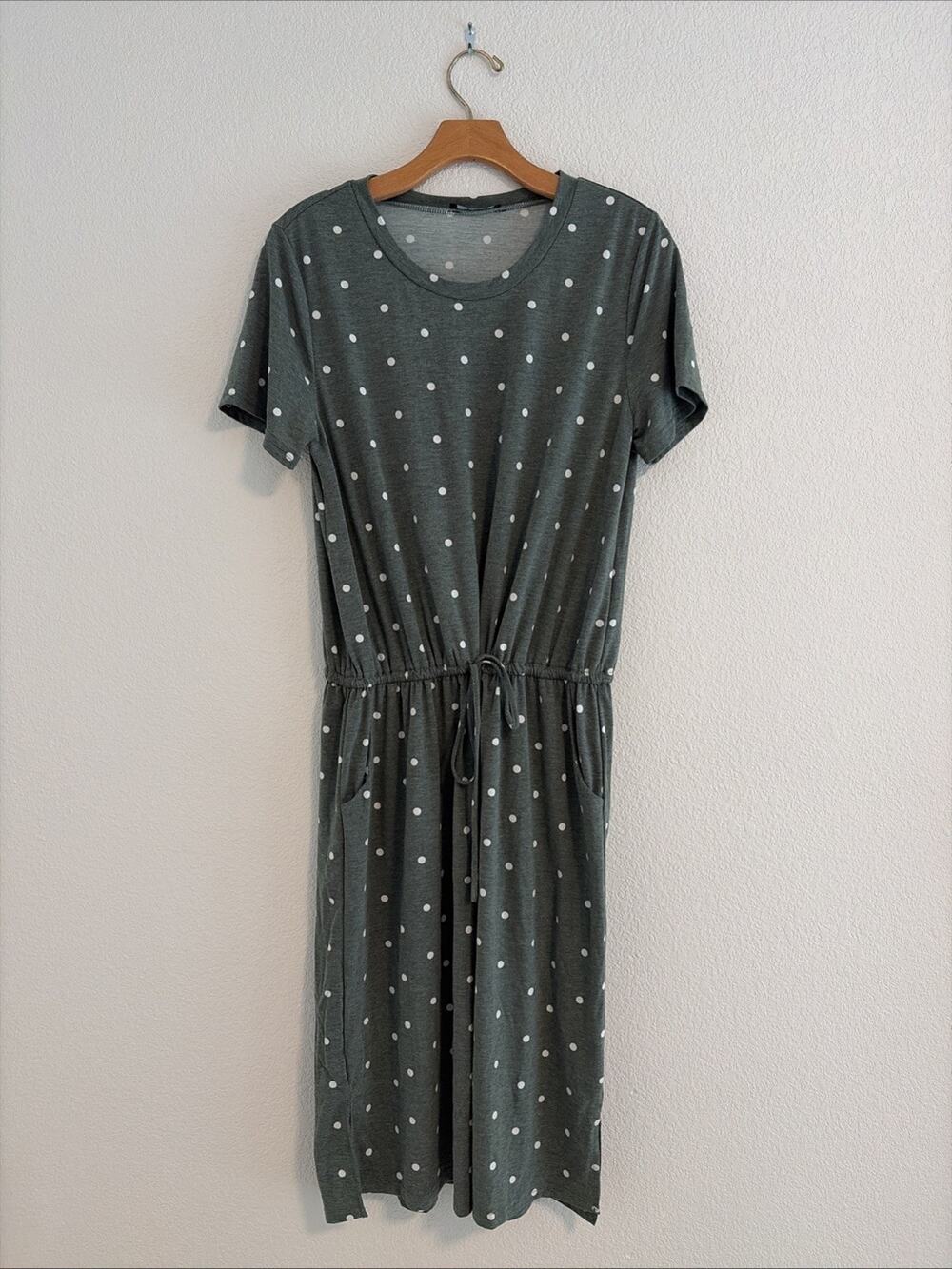 NEW Simier Fariry Women's L Green & White Polka Dot Short Sleeve Dress Pockets